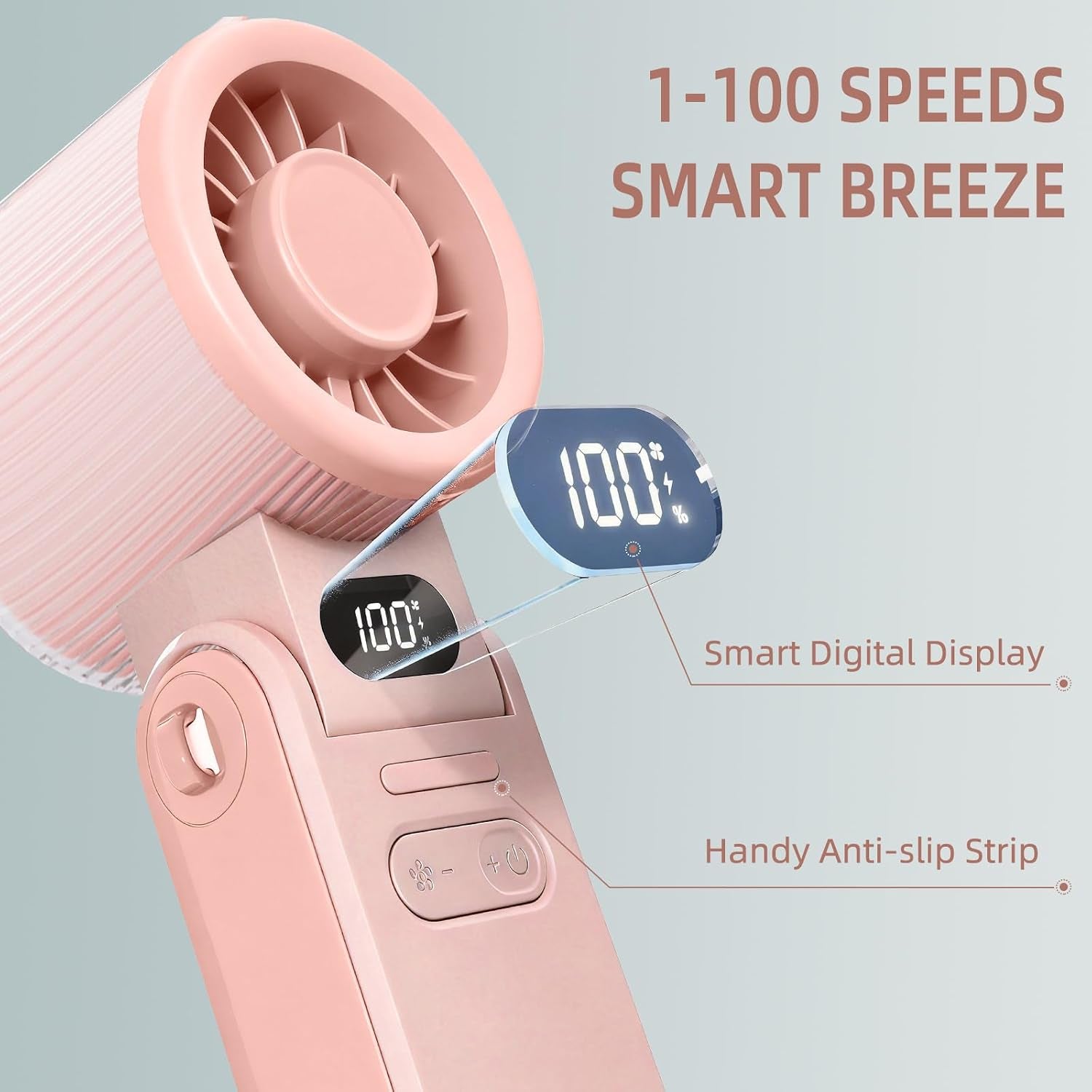 Portable Handheld Turbo Fan, 8M/S High Speed Portable Fan 5 Speed (1-100), 180° Foldable Personal Handheld Fans with Powerful Rechargeable Battery, Mini Fans, Digital Display for Outdoor(Pink)