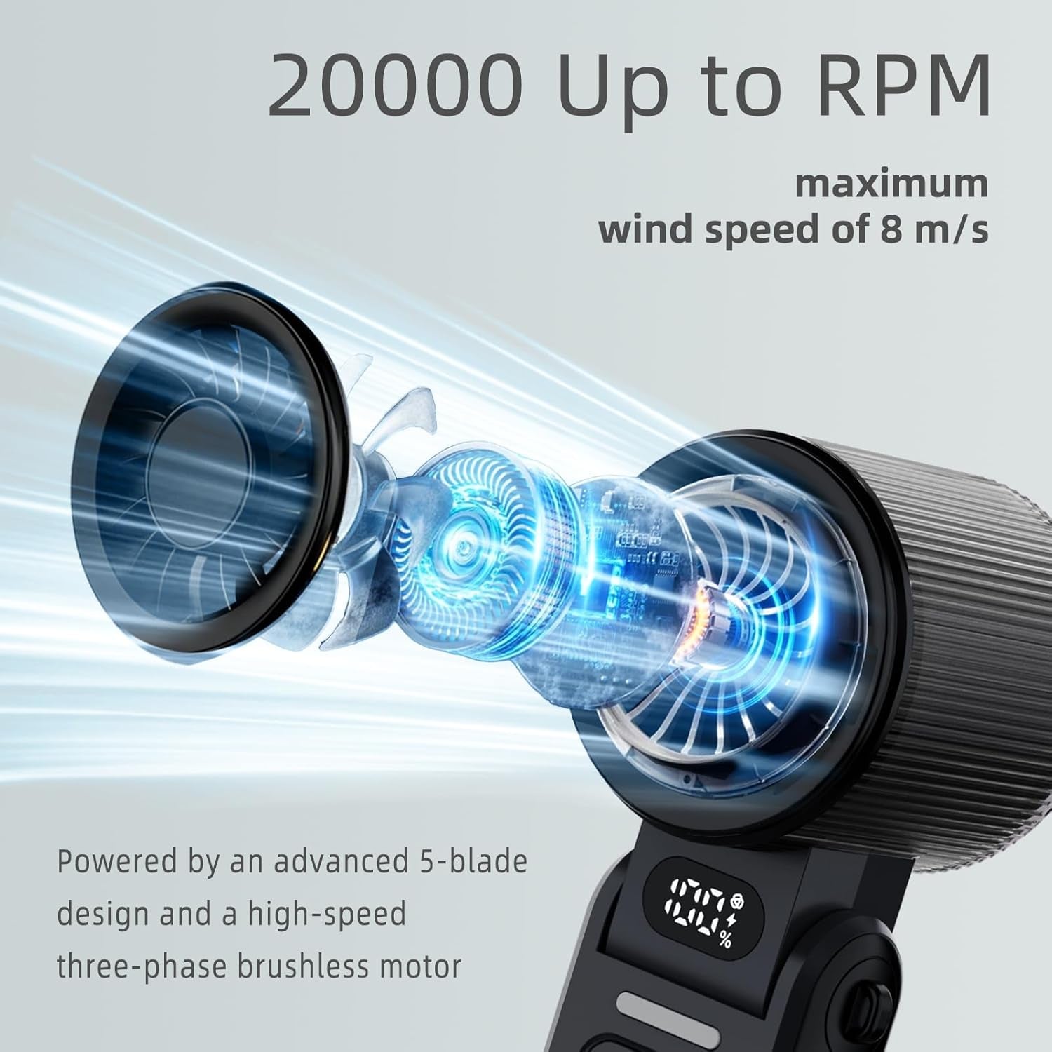 Portable Handheld Turbo Fan, 8M/S High Speed Portable Fan 5 Speed (1-100), 180° Foldable Personal Handheld Fans with Powerful Rechargeable Battery, Mini Fans, Digital Display for Outdoor (Black)