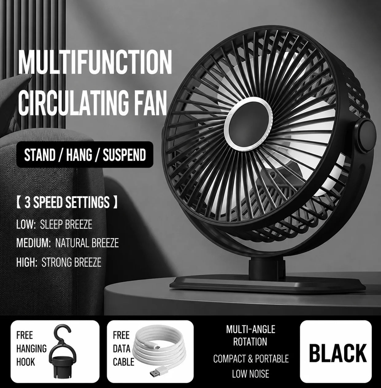 Desk Fan Portable USB Fan 360° Adjustable Cooling Fan Mute 3 Speed Adjustment Ultra Quiet Suitable for Home Desk Office 2026
