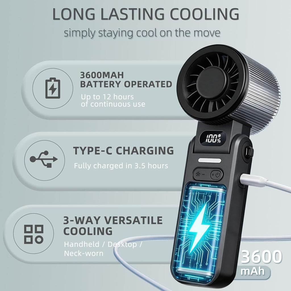 Portable Handheld Turbo Fan, 8M/S High Speed Portable Fan 5 Speed (1-100), 180° Foldable Personal Handheld Fans with Powerful Rechargeable Battery, Mini Fans, Digital Display for Outdoor (Black)