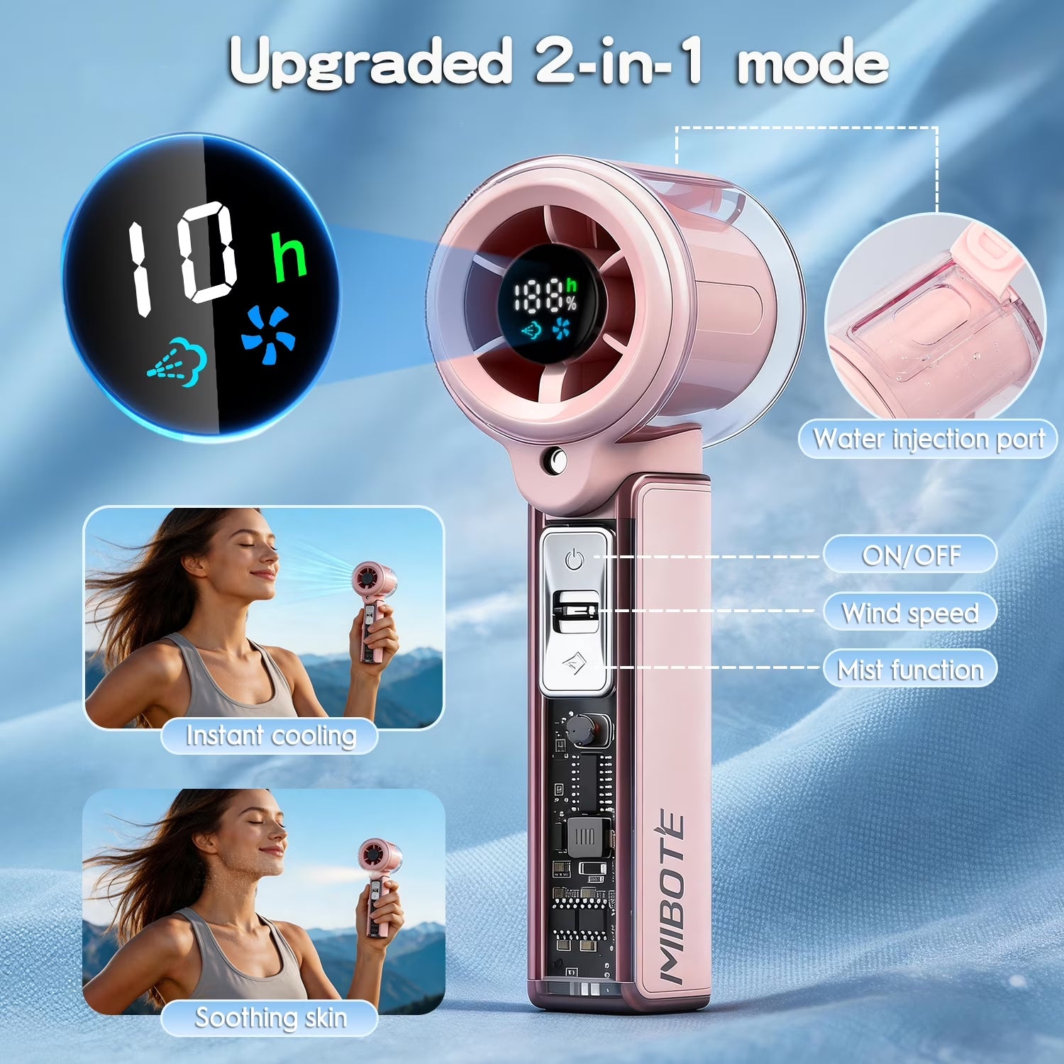 Handheld Rechargeable Misting Fan with Digital Display, 30Ml Water Tank, Multiple Speeds, Portable for Outdoor and Travel –Pink